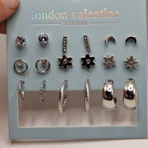 London Valentine Silver Tone Earring Set Studs Hoops Huggies 9 Pair NWT
